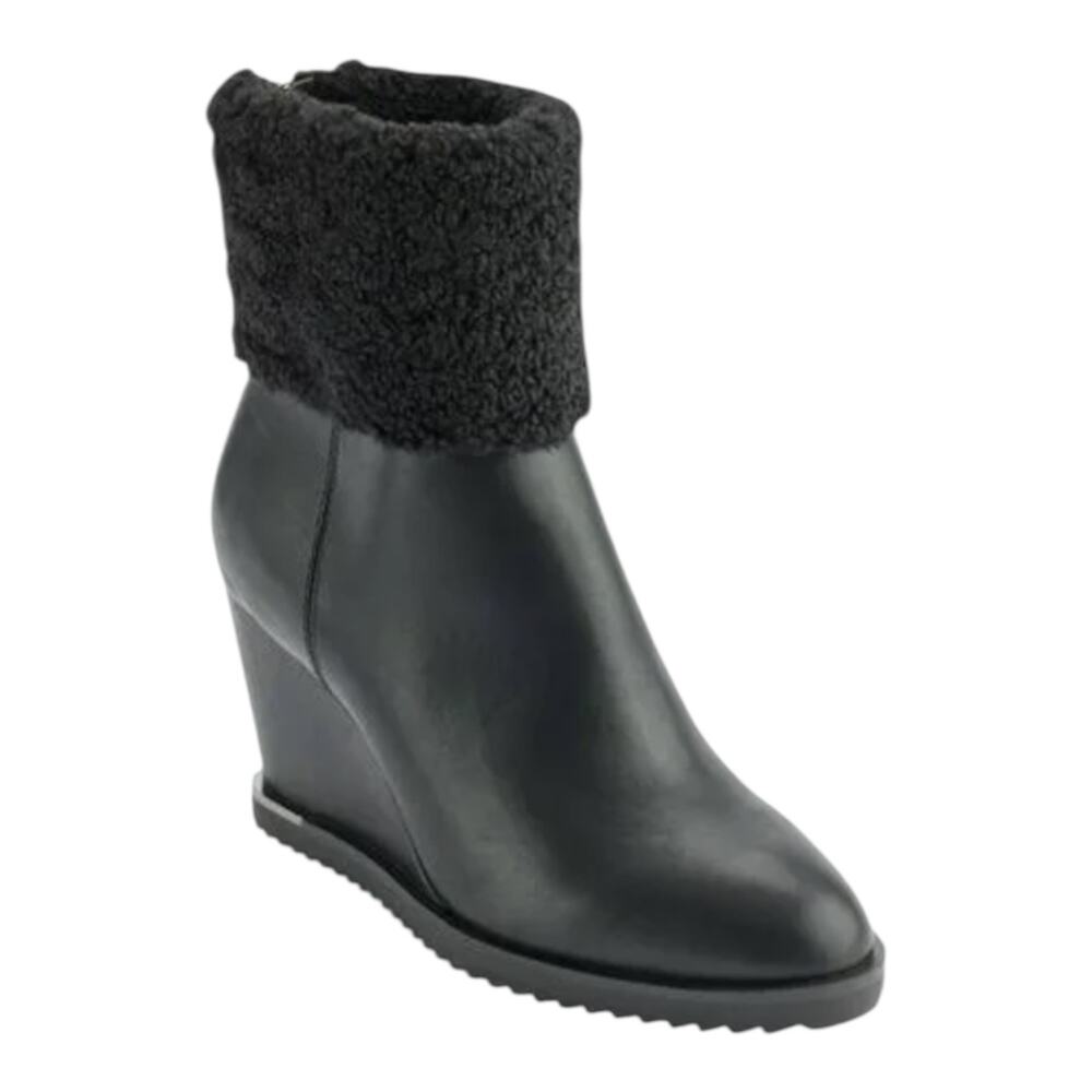DKNY Women's Powell Faux Fur Trim High Wedge Heel Booties Black Size 7 1/2